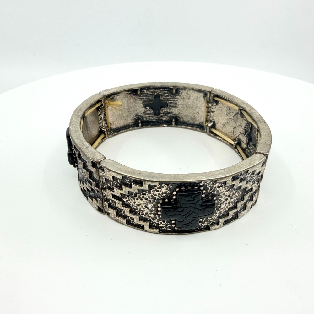 VTG Southwestern Silver Tone Black Cross Stretch Cuff Bracelet